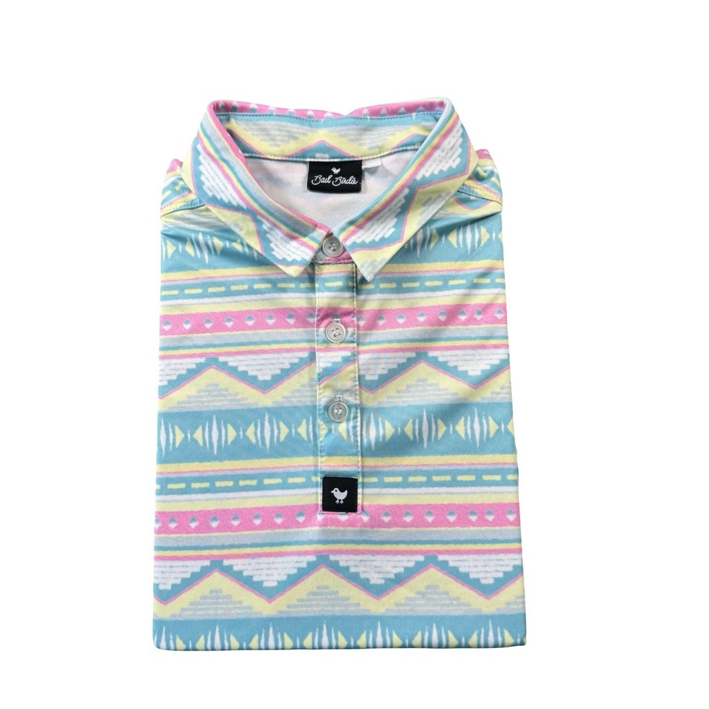 Bad Birdie Aztec Neon Color USA Made Performance SS Polo Shirt Mens Size M